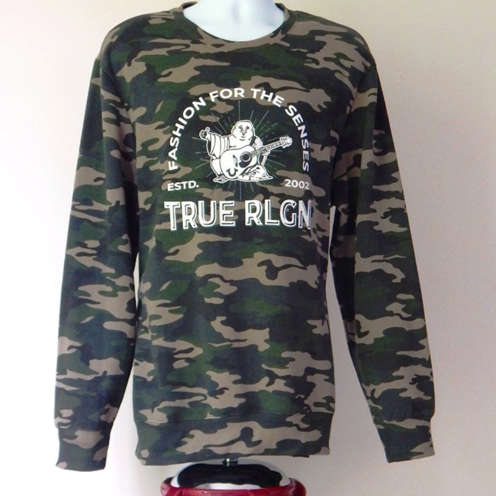 NWT MEN'S TRUE RELIGION BUDDHA Graphic Premium Fleece Sweatshirt Green Camo XXL